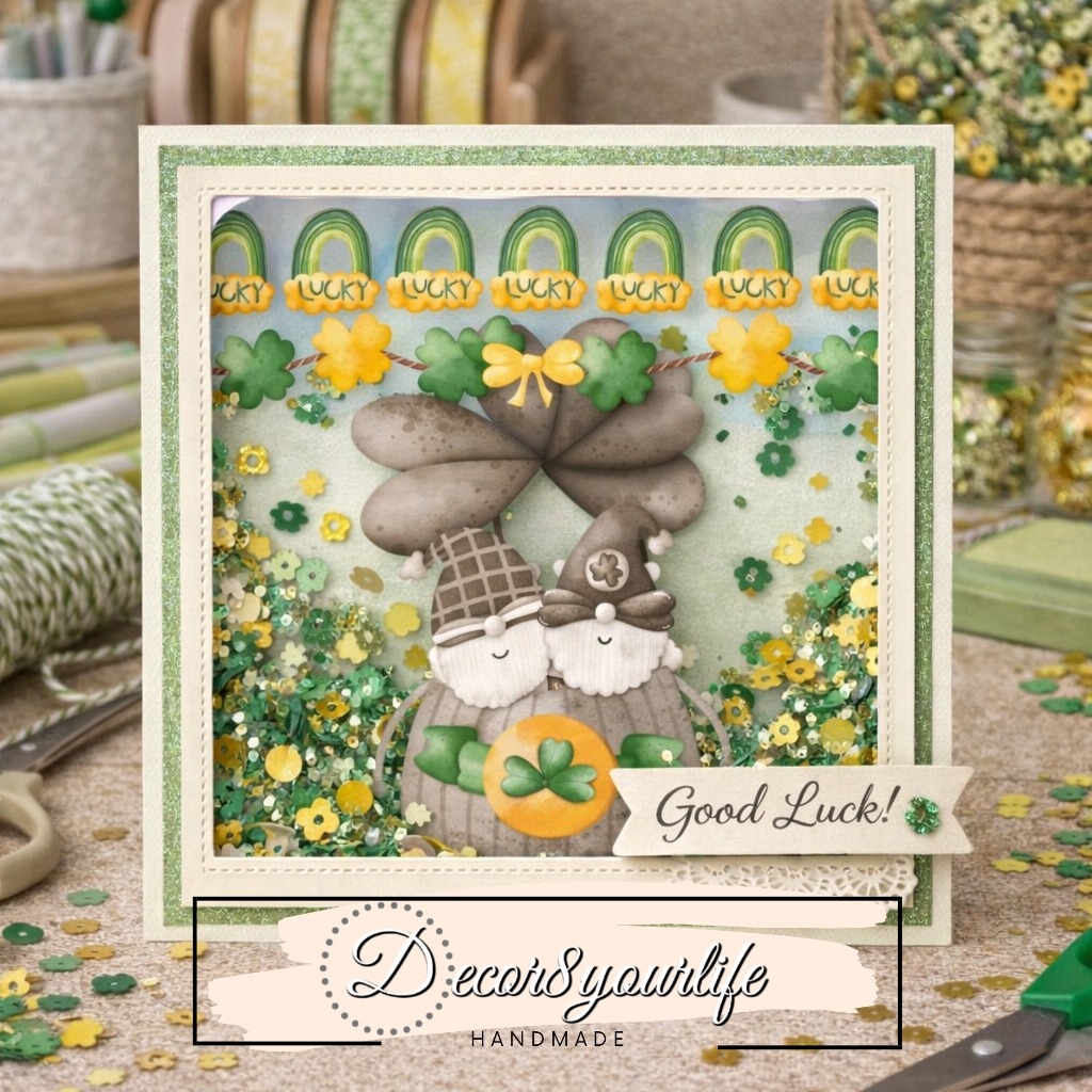 Card making idea using St Patrick’s Day scrapbook paper pack "Lucky You" collection by Decor8yourlife. green clover, gnome paper for card making, scrapbooking, journaling, planners and other paper crafts.
