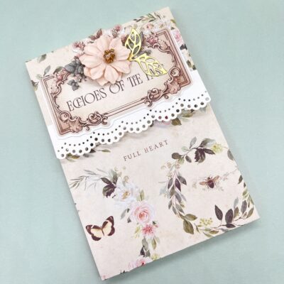 Handmade floral covered notepad 3.5 x 5 with lace trim and dimensional embellishment