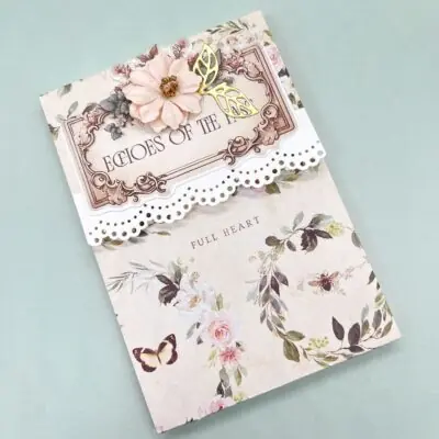 Handmade floral covered notepad 3.5 x 5 with lace trim and dimensional embellishment