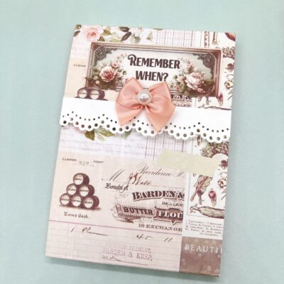 Handmade floral covered notepad 3.5 x 5 with lace trim and dimensional embellishment