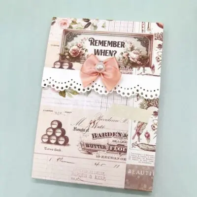 Handmade floral covered notepad 3.5 x 5 with lace trim and dimensional embellishment