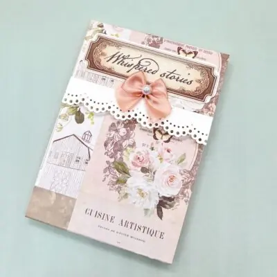 Handmade 3.5 x 5 inch covered notepad with 35 sheets, lace trim and Velcro closure.