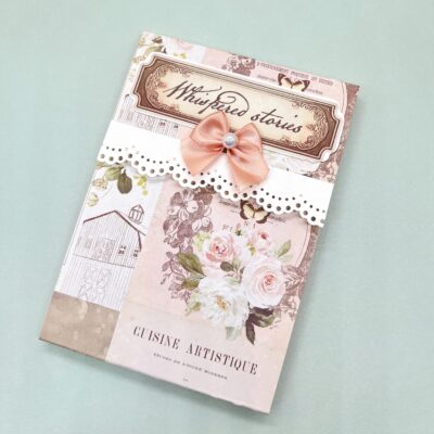 Handmade 3.5 x 5 inch covered notepad with 35 sheets, lace trim and Velcro closure.
