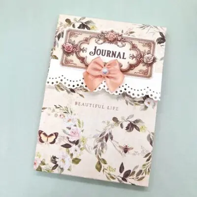 Handmade floral covered notepad 3.5 x 5 with lace trim and dimensional embellishment