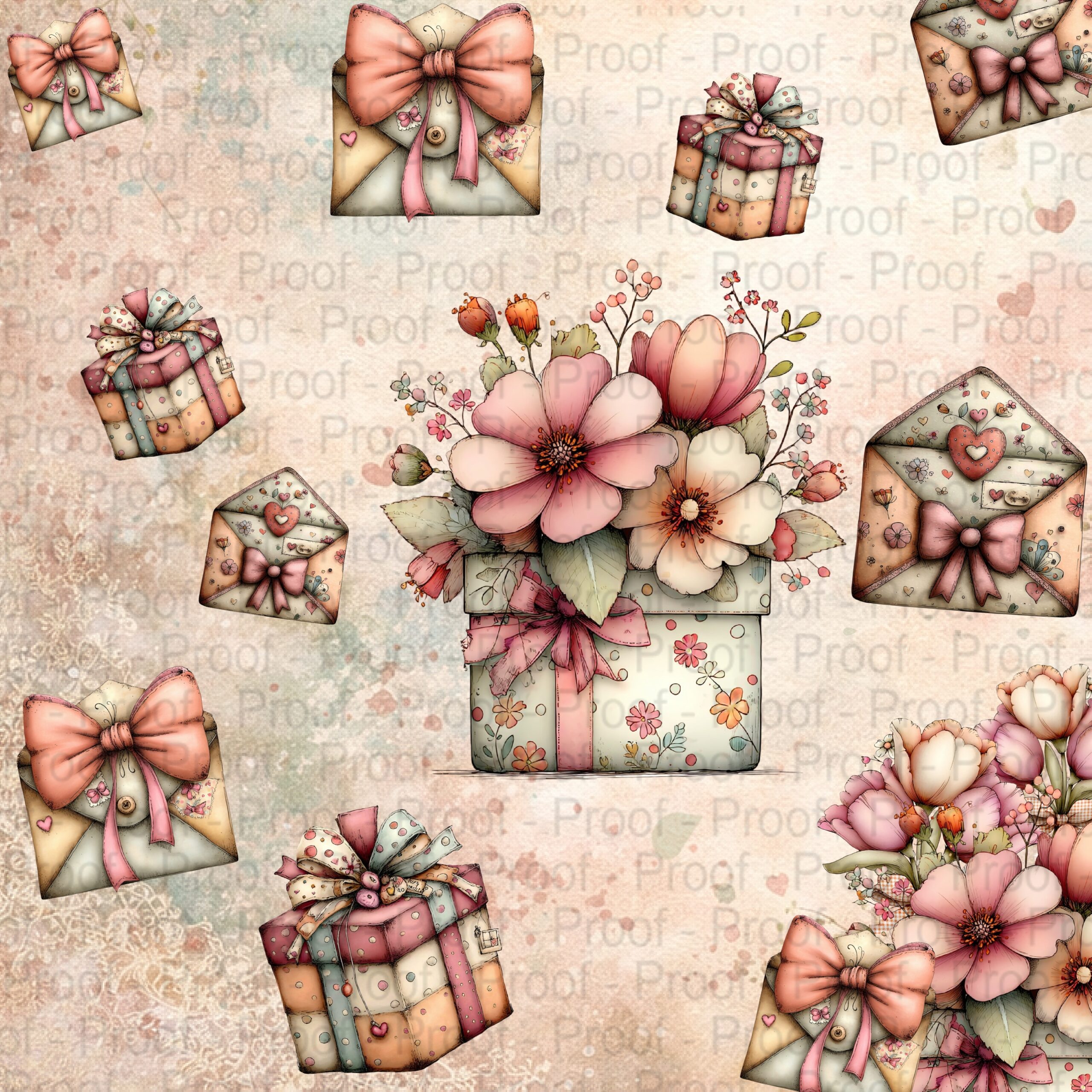 shabby chic floral scrapbook paper with vintage envelopes and gift boxes, pastel spring craft paper for card making and junk journals