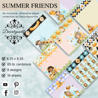 Inclusive and whimsical bee theme scrapbook paper collection by Decor8yourlife.