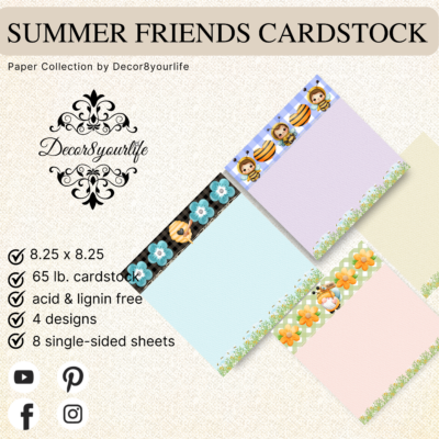 Summer, bee theme scrapbook paper collection to accompany "Summer Friends" whimsical and inclusive paper pack by Decor8yourlife.