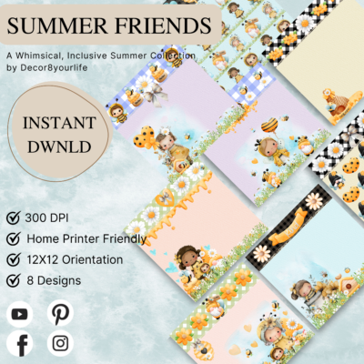 Inclusive and whimsical bee theme scrapbook paper collection by Decor8yourlife. Download and print.