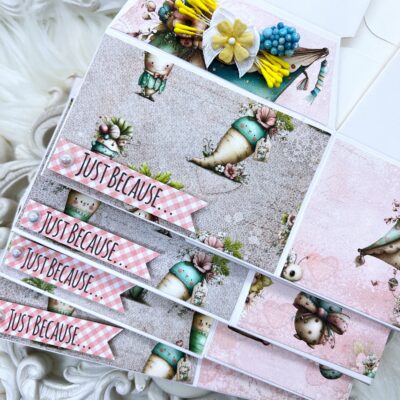 Set of 4 gable gift boxes covered with "Nestled in Spring" paper collection. Perfect for friend and coworker gifts.