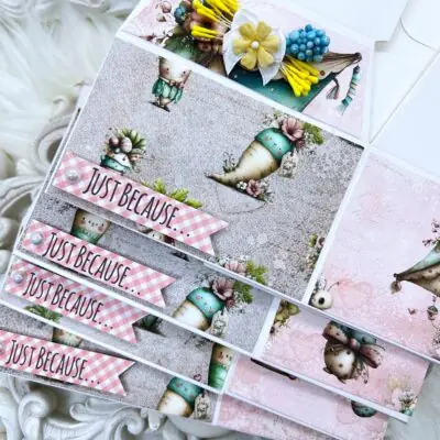 Set of 4 gable gift boxes covered with "Nestled in Spring" paper collection. Perfect for friend and coworker gifts.