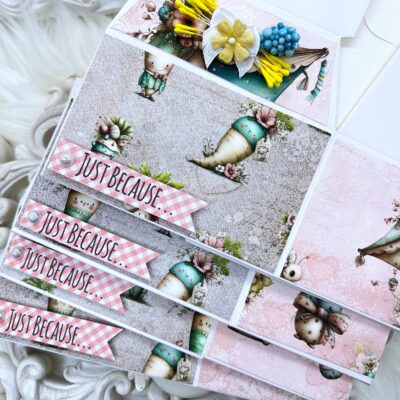 Set of 4 gable gift boxes covered with "Nestled in Spring" paper collection. Perfect for friend and coworker gifts.