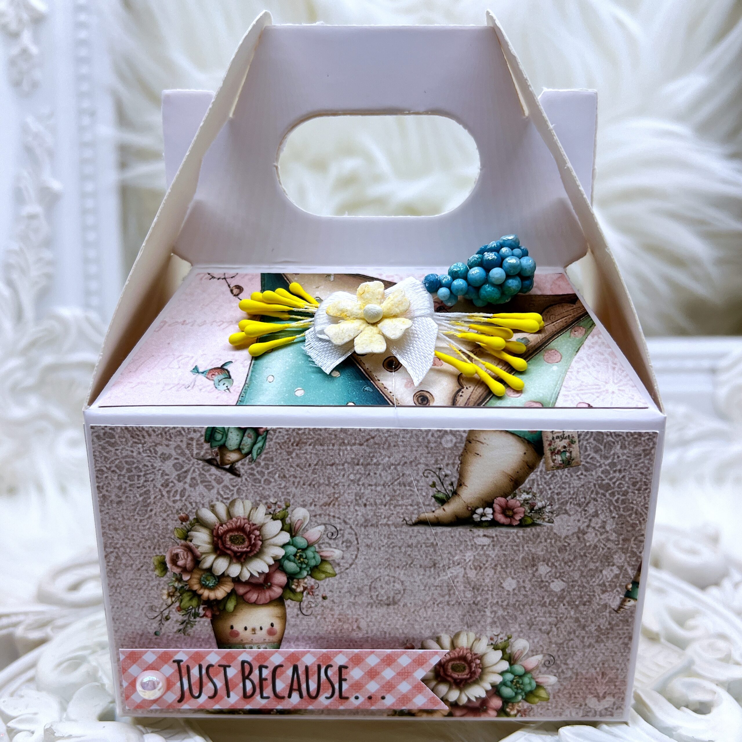 Cute and whimsical gable gift box, covered with the "Nestled in Spring" scrapbook paper collection by Decor8yourlife.