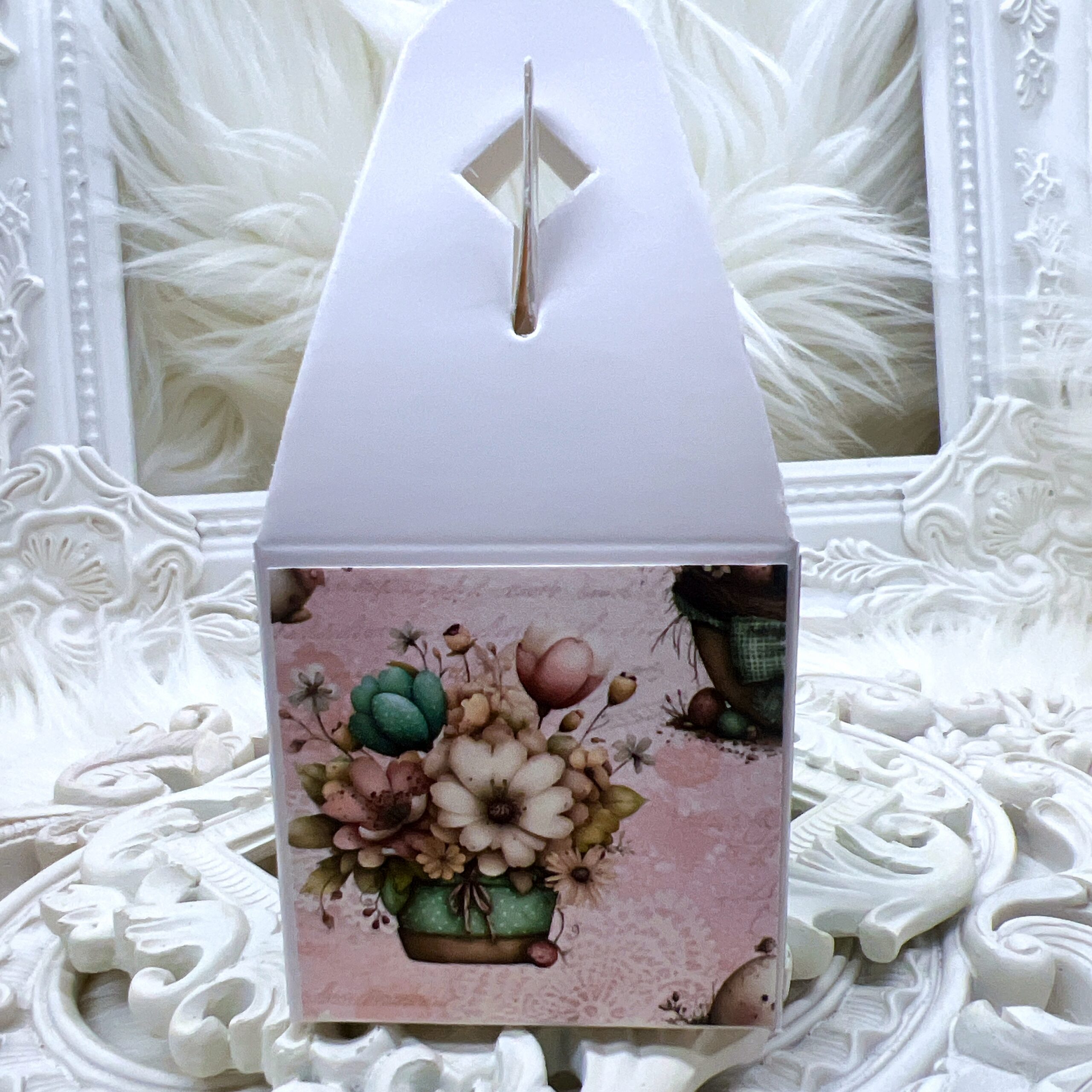 Cute and whimsical gable gift box, covered with the "Nestled in Spring" scrapbook paper collection by Decor8yourlife.