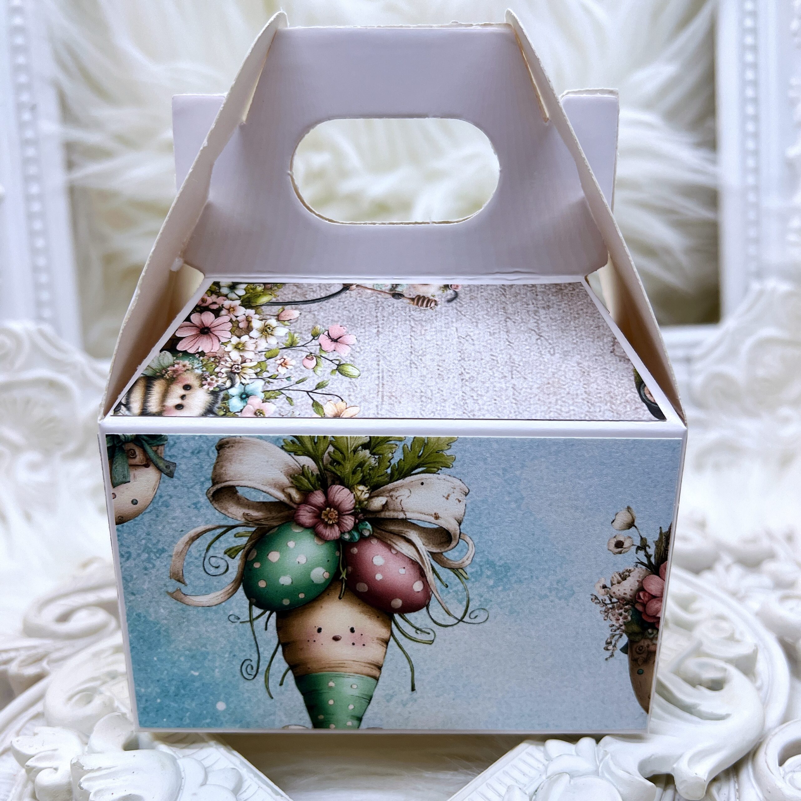 Cute and whimsical gable gift box, covered with the "Nestled in Spring" scrapbook paper collection by Decor8yourlife.