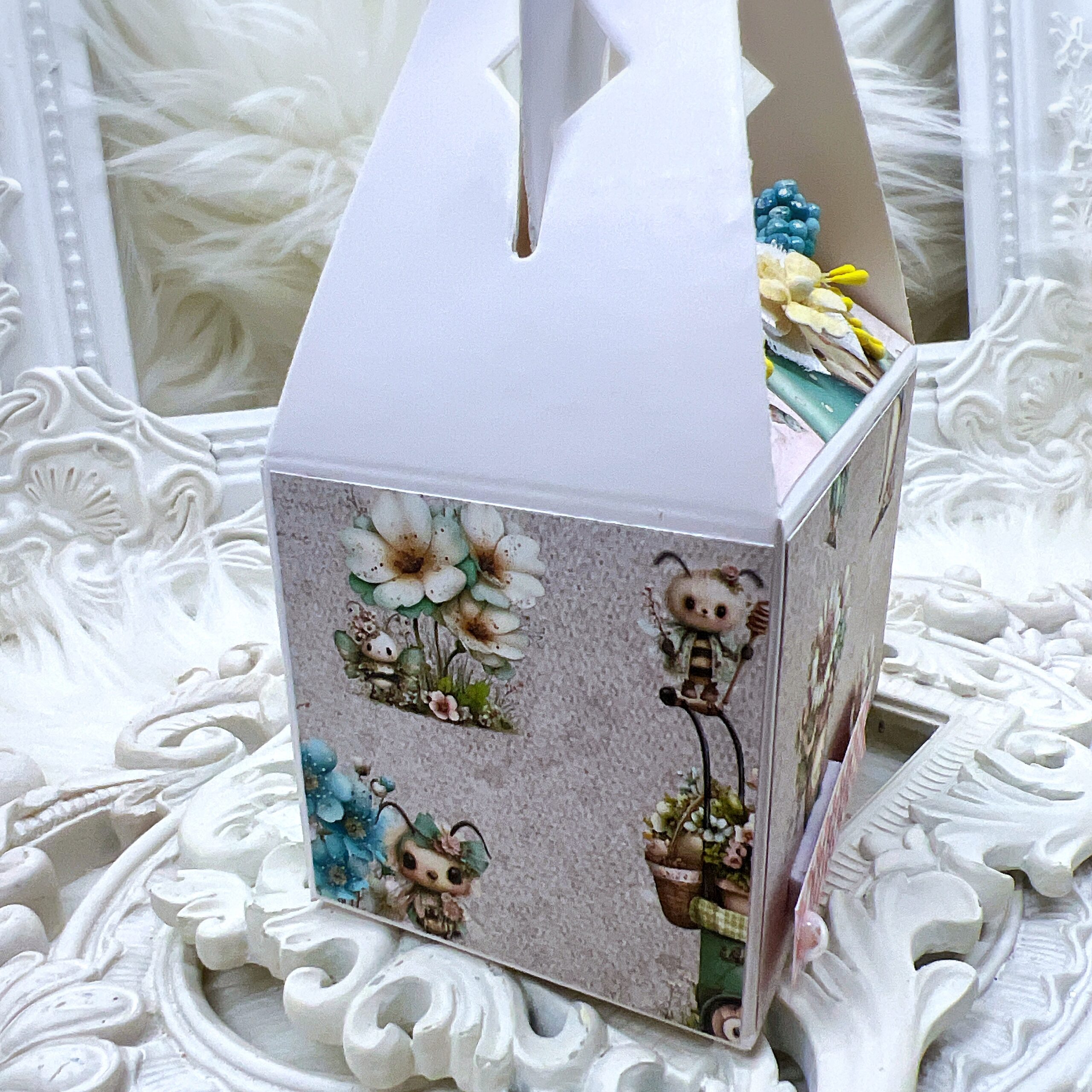 Cute and whimsical gable gift box, covered with the "Nestled in Spring" scrapbook paper collection by Decor8yourlife.