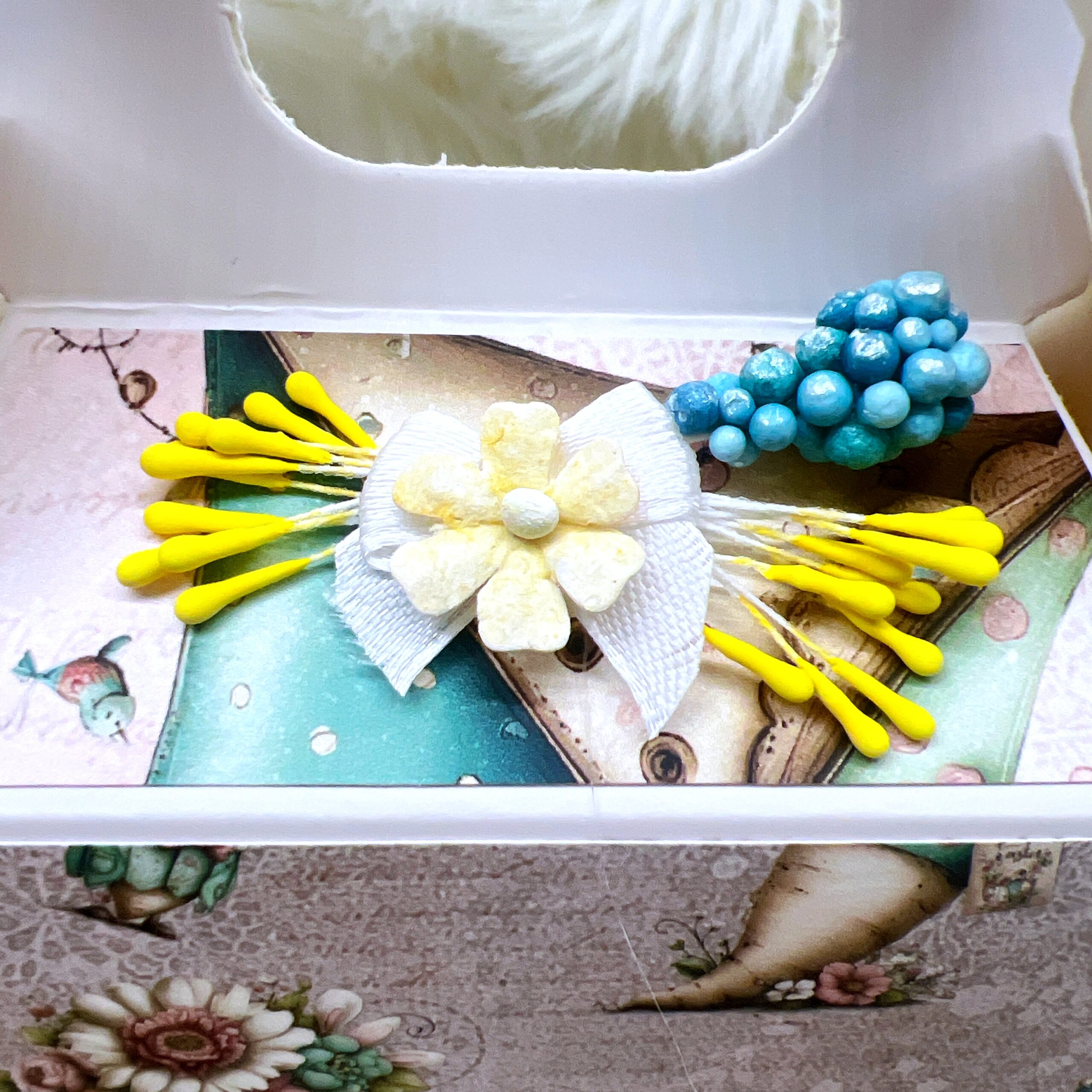 Cute and whimsical gable gift box, covered with the "Nestled in Spring" scrapbook paper collection by Decor8yourlife.