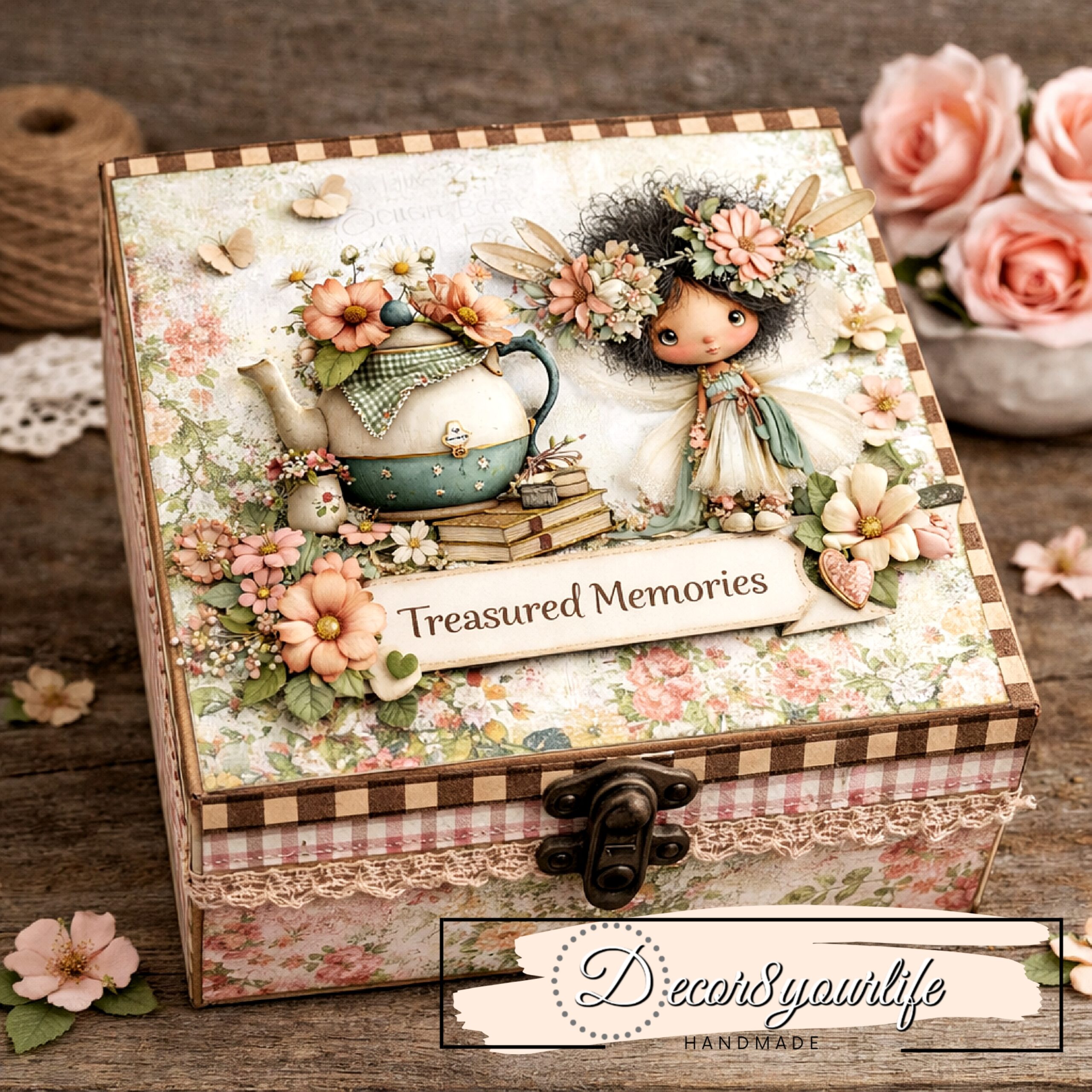 Altered cigar box using the whimsical papers and die-cut pieces from Decor8yourlife.