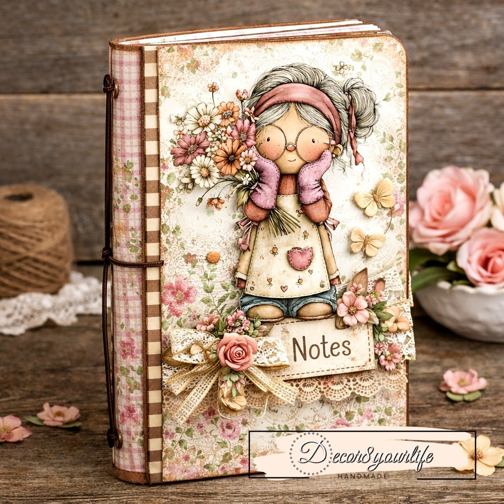 Small traveler's notebook made with whimsical paper collections and fussy-cut add-ons from Decor8yourlife.