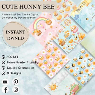 Bee theme digital paper pack for diy craft projects like scrapbooks, mini albums, card making, journals, etc.