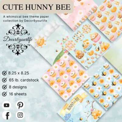 Whimsical bee theme scrapbook paper pack for diy craft projects like mini albums, journals, card making, planners and more!