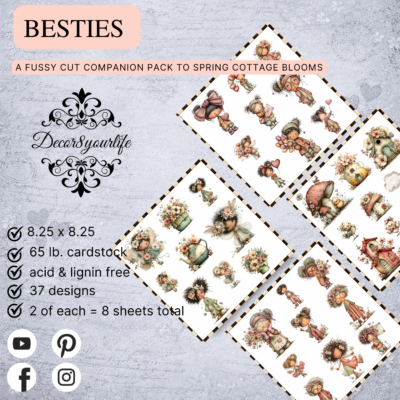Besties Fussy-Cut Companion Pack. Cozy whimsical fussy-cut paper pieces for scrapbooking, journaling, card making and other DIY handmade crafts.