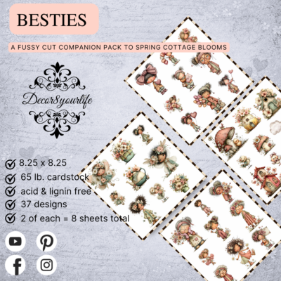 Besties Fussy-Cut Companion Pack. Cozy whimsical fussy-cut paper pieces for scrapbooking, journaling, card making and other DIY handmade crafts.