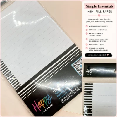 Happy Planner Mini Simple Essentials filler paper with black and white striped border, dotted lined disc bound planner insert pages for notes and lists