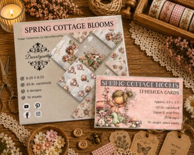 New for 2026: Spring Cottage Blooms by Decor8yourlife is now available in a bundle! This scrapbook paper collection is full of whimsy, cottagecore, vintage style illustrations. Use this scrapbook paper bundle in your paper craft projects like mini albums, journals, handmade cards and more!
