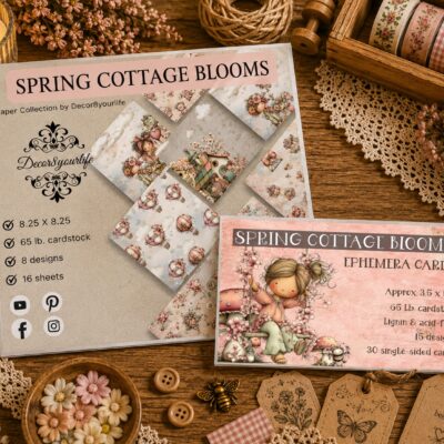 New for 2026: Spring Cottage Blooms by Decor8yourlife is now available in a bundle! This scrapbook paper collection is full of whimsy, cottagecore, vintage style illustrations. Use this scrapbook paper bundle in your paper craft projects like mini albums, journals, handmade cards and more!