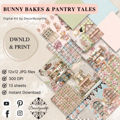 Bunny Bakes and pantry Tales - A Bunny theme scrapbook kit with cute rabbits and other animals in a bakery with cozy and whimsical kitchen drawings.