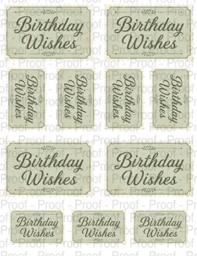 Vintage birthday wishes printable digital stamps in soft sage green with shabby chic distressed style for handmade birthday cards, junk journals, scrapbook embellishments, tags and paper crafting projects.
