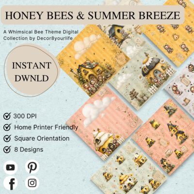 Whimsical bee themed digital scrapbook paper pack with cozy cottagecore designs in soft pastel colors for junk journals, mini albums, card making, and paper crafting.