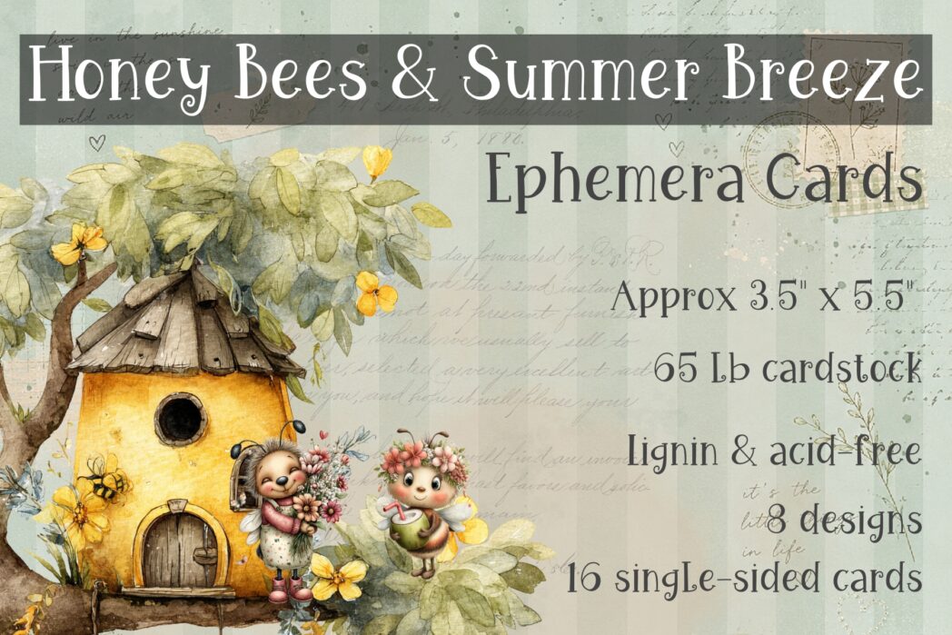 Whimsical bee-themed scrapbook paper and ephemera bundle for junk journals, mini albums, layered embellishments, handmade cards, and cozy cottagecore crafts.