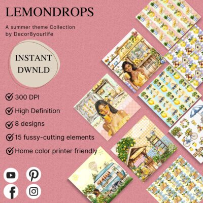 Summer theme Lemon digital scrapbook paper pack. Download and Print.