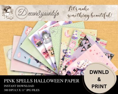 Spooky cute pastel Halloween scrapbook paper featuring ghosts, haunted houses, pumpkins, and watercolor designs for junk journals and mini albums.