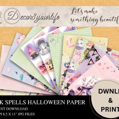 Spooky cute pastel Halloween scrapbook paper featuring ghosts, haunted houses, pumpkins, and watercolor designs for junk journals and mini albums.