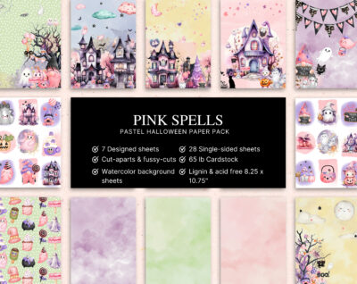 Pastel Halloween scrapbook paper pack with cute ghosts, haunted houses, watercolor backgrounds, pink pumpkins, and whimsical Halloween illustrations printed on cardstock for junk journals, mini albums, and card making.