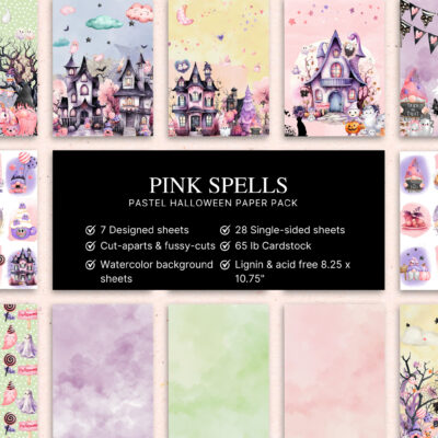 Pastel Halloween scrapbook paper pack with cute ghosts, haunted houses, watercolor backgrounds, pink pumpkins, and whimsical Halloween illustrations printed on cardstock for junk journals, mini albums, and card making.