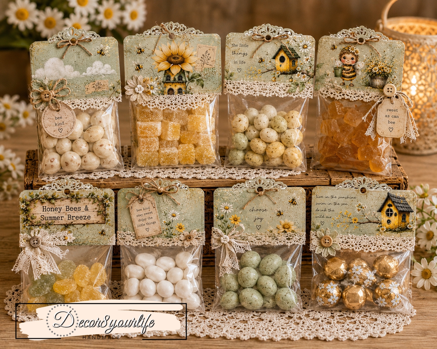 Bag toppers made with the Honey Bees & Summer Breeze Ephemera pack by Decor8yourlife.