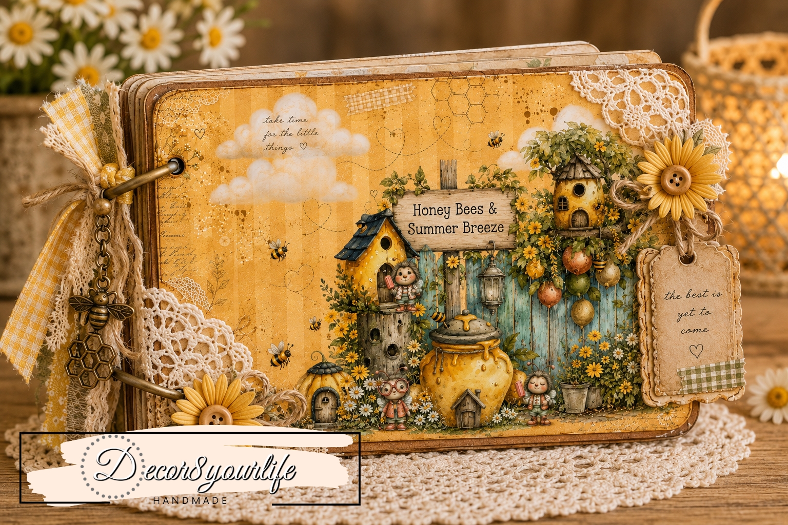 Summer bee theme junk journal made with the Honey Bees & Summer Breeze Ephemera card pack from Decor8yourlife.