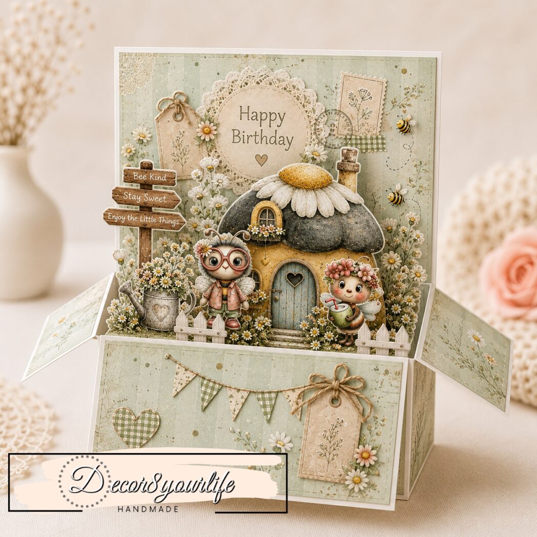 Whimsical bee themed pop up box card made with scrapbook paper and fussy cut embellishments