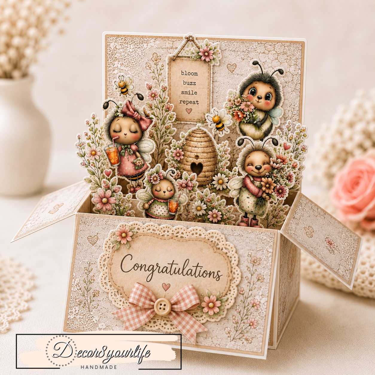Whimsical bee themed pop up box card made with scrapbook paper and fussy cut embellishments