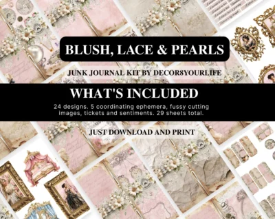 Vintage, shabby chic style junk journal kit for handmade journals, vintage theme crafts, shabby chic style DIY home decor and other craft projects.