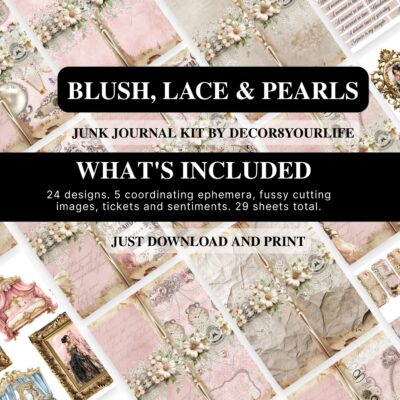 Vintage, shabby chic style junk journal kit for handmade journals, vintage theme crafts, shabby chic style DIY home decor and other craft projects.