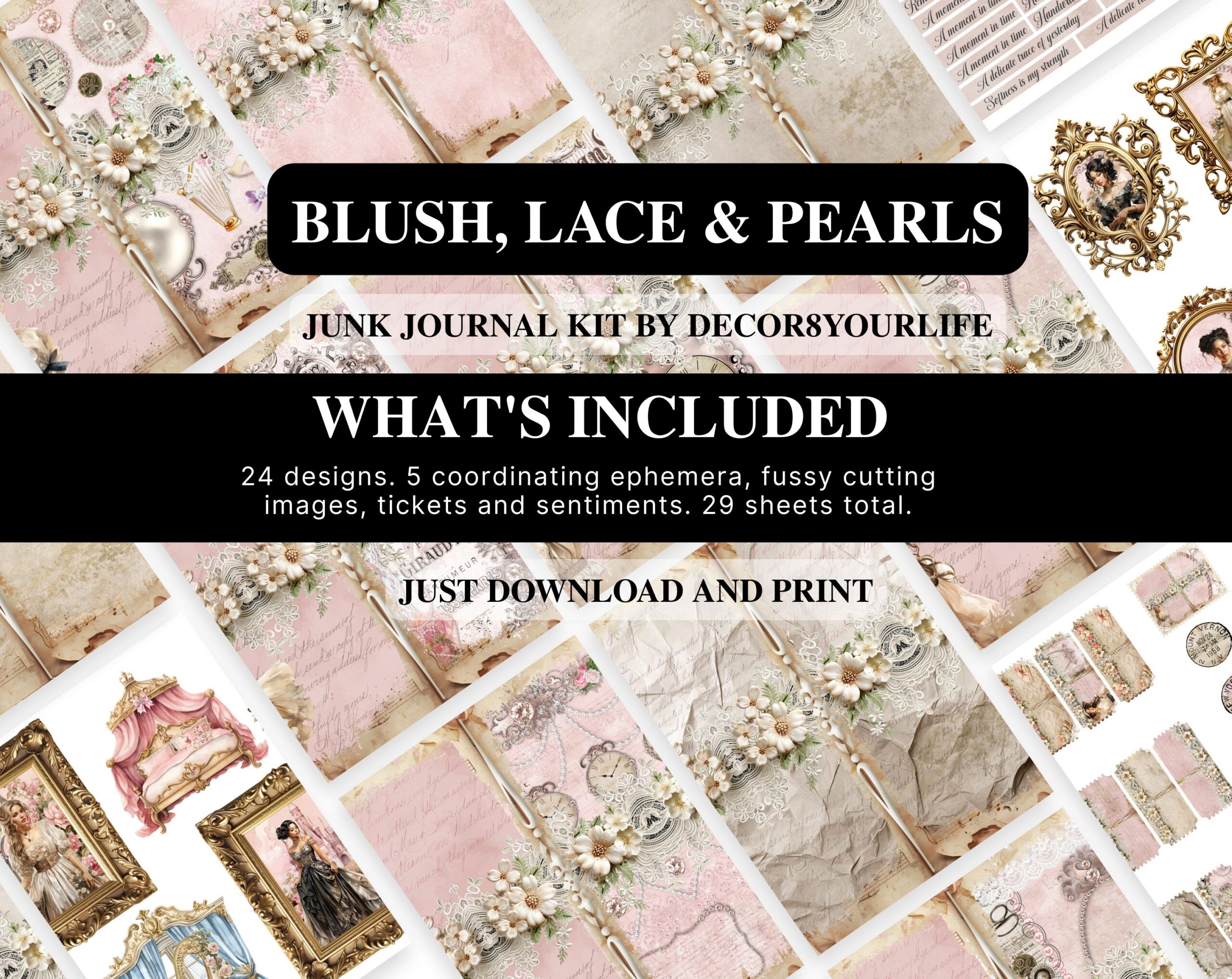 Vintage, shabby chic style junk journal kit for handmade journals, vintage theme crafts, shabby chic style DIY home decor and other craft projects.