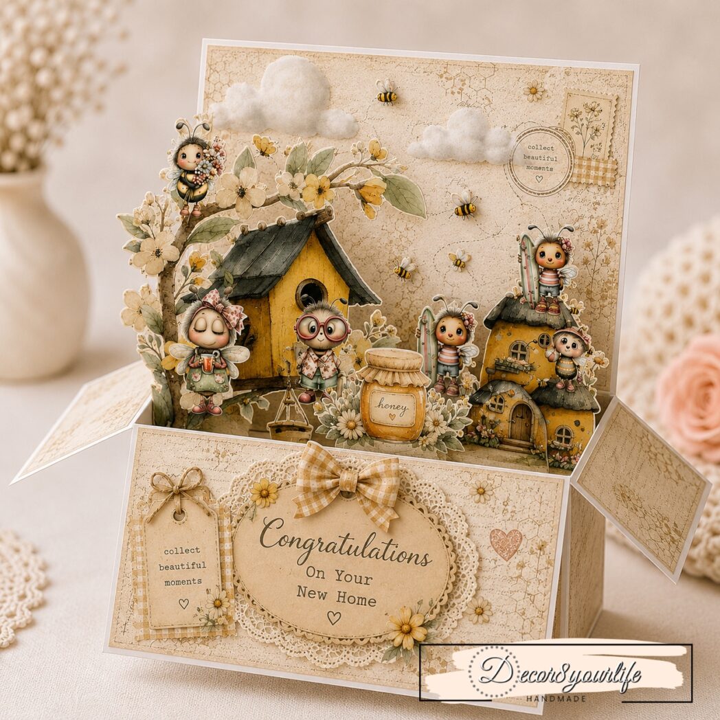 Whimsical bee themed pop up box card made with scrapbook paper and fussy cut embellishments