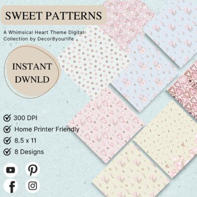 Sweet Patterns digital scrapbook paper collection featuring pink hearts, florals, sprinkles and shabby chic printable papers for junk journals, card making, scrapbooking and mini albums.