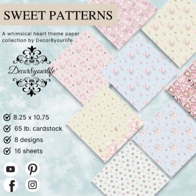 Sweet Patterns scrapbook paper collection featuring pink hearts, heart flowers, sprinkles, polka dots, shabby chic Valentine themed cardstock for scrapbooking, mini albums, handmade cards and junk journals.