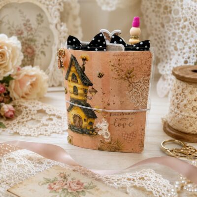 Handmade micro laminated traveler's notebook with beaded pen featuring Honey Bees and Summer Breeze designer paper by Decor8yourlife.