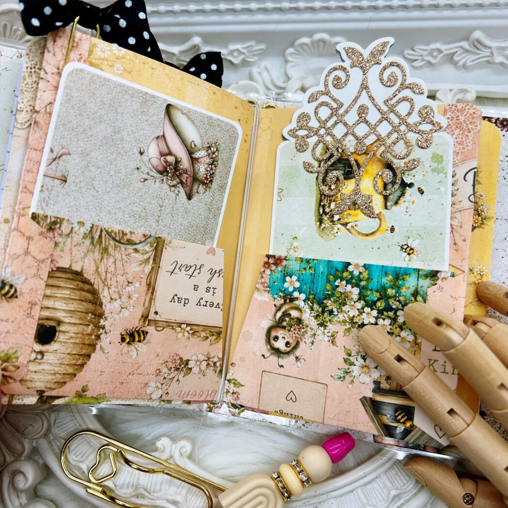Handmade micro laminated traveler's notebook with beaded pen featuring Honey Bees and Summer Breeze designer paper by Decor8yourlife.